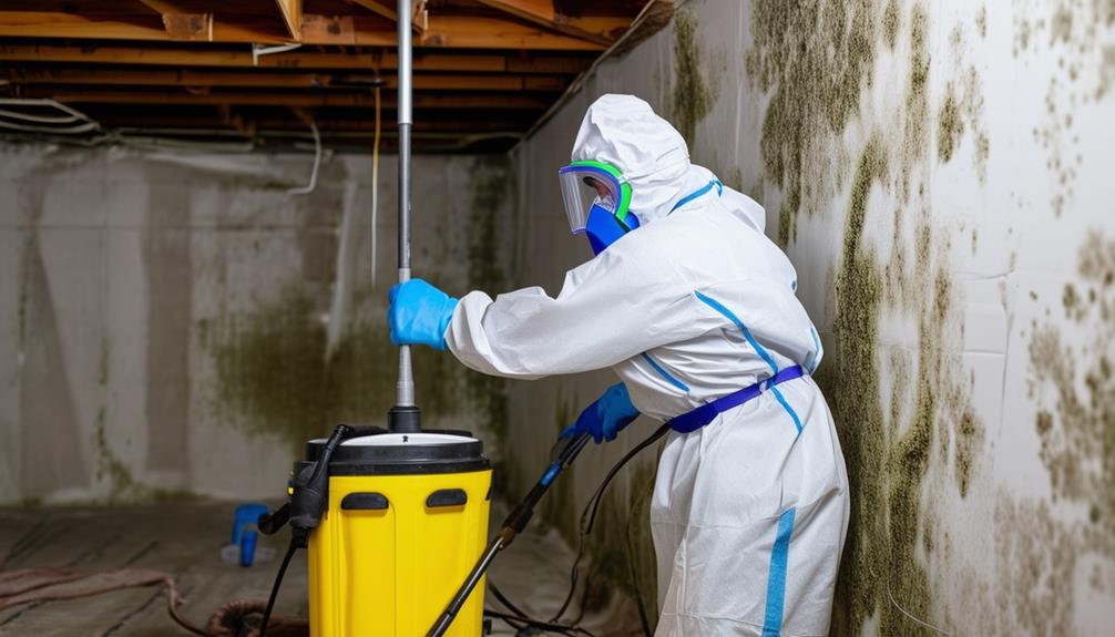 Technician in protective suit cleaning mold from basement wall.