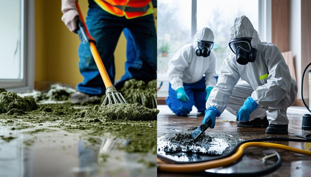 Workers in hazmat suits cleaning hazardous spill indoors.