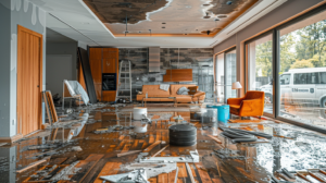 Flooded modern living room with damaged furniture and debris.